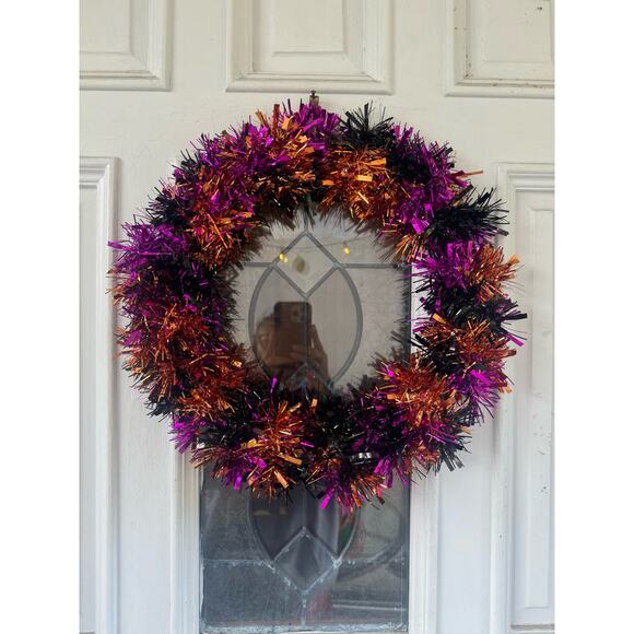 DIY 15" Purple Orange & Black Tinsel Halloween Wreath Base, Home Decor Project - Picture 1 of 4